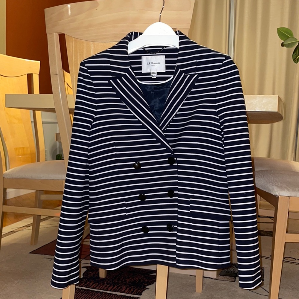 LK Bennett Navy & White Striped Double-Breasted Blazer Jacket